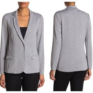 Magaschoni Ponte Knit Blazer jacket heather gray single button pockets stretch